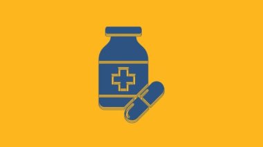 Blue Medicine bottle and pills icon isolated on orange background. Bottle pill sign. Pharmacy design. 4K Video motion graphic animation.