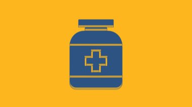 Mavi İlaç şişesi ikonu turuncu arka planda izole edilmiş. Şişe hapı işareti. Eczane tasarımı. 4K Video hareketli grafik canlandırması.