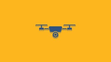 Mavi İHA turuncu arka planda izole edilmiş aksiyon video kamera ikonu ile uçuyor. Video ve fotoğraf makinesi sembollü dörtlü helikopter. 4K Video hareketli grafik canlandırması.