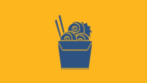 ペーパーボックスの青アジア麺とオレンジの背景に隔離された箸のアイコン ストリートファーストフードメニュー 韓国語 日本語 中華料理 4Kビデオモーショングラフィックアニメーション — ストック動画