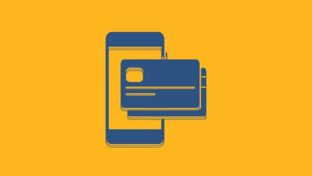 Niebieski Telefon Komórkowy Ikona Karty Kredytowej Izolowane Pomarańczowym Tle Koncepcja — Wideo stockowe