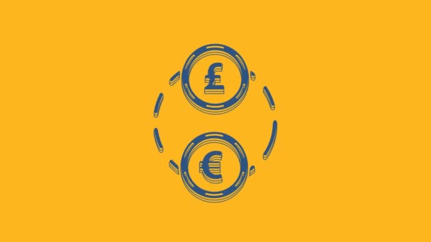 蓝色货币交换图标孤立在橙色背景 欧元和英镑现金转账符号 银行货币标志 4K视频运动图形动画 — 图库视频影像