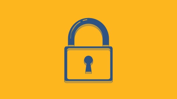 オレンジ色の背景に隔離された青のロックアイコン 南京錠のサイン セキュリティ 安全性 プライバシーの概念 4Kビデオモーショングラフィックアニメーション — ストック動画