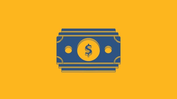 Μπλε Στοίβες Εικονίδιο Χρημάτων Χαρτί Απομονώνονται Πορτοκαλί Φόντο Χαρτονομίσματα Στοιβάζονται — Αρχείο Βίντεο