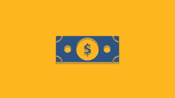 オレンジ色の背景に隔離されたブルースタックペーパーマネー現金アイコン 紙幣が積み重なっている 紙幣だ 4Kビデオモーショングラフィックアニメーション — ストック動画