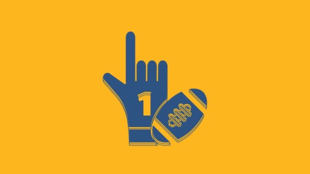 蓝色的第1号风扇手手套与手指凸起和美国足球图标孤立的橙色背景 一套运动器材 4K视频运动图形动画 — 图库视频影像