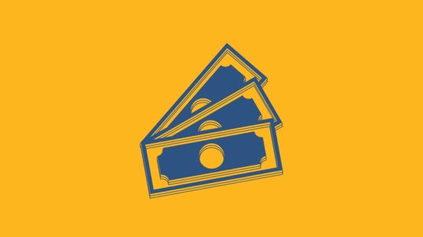 蓝色堆栈纸货币图标孤立在橙色背景 钞票堆积如山 比尔货币 4K视频运动图形动画 — 图库视频影像