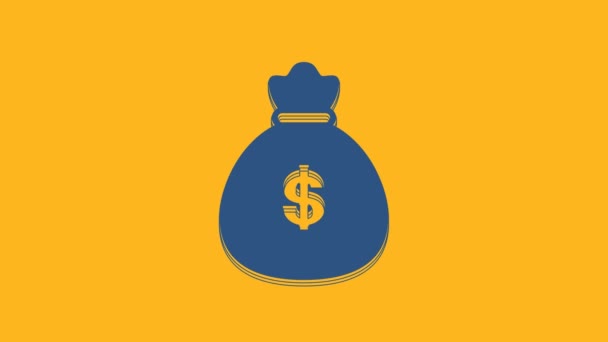 Ikona Blue Money Worek Izolowany Pomarańczowym Tle Symbol Dolara Lub — Wideo stockowe