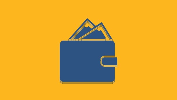 Blue Wallet Stacks Paper Money Cash Icon Isolated Orange Background — Video
