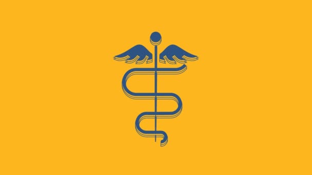 蓝色卡杜斯蛇医学符号图标孤立在橙色背景 医疗和保健 药店或药品 制药的标志 4K视频运动图形动画 — 图库视频影像