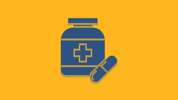 Blue Medicine Butelka Ikona Pigułki Izolowane Pomarańczowym Tle Tabliczka Tabletkami — Wideo stockowe