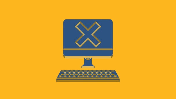 Blauer Computer Mit Tastatur Und Zeichen Symbol Auf Orangefarbenem Hintergrund — Stockvideo