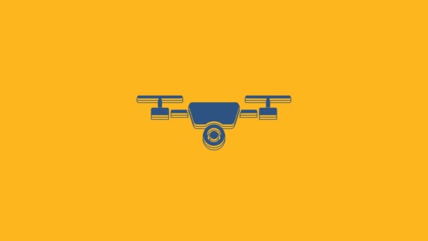 オレンジの背景に分離されたアクションビデオカメラアイコンとブルードローン飛行 ビデオや写真のカメラのシンボルとQuadrocopter 4Kビデオモーショングラフィックアニメーション — ストック動画