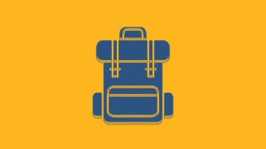 Mavi Yürüyüş sırt çantası ikonu turuncu arka planda izole edildi. Kamp ve dağ gezisi sırt çantası. 4K Video hareketli grafik canlandırması.