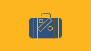 Seyahat için mavi bavul ve turuncu arka planda izole edilmiş çıkartma simgesi. Seyahat bagaj tabelası. Seyahat bagaj ikonu. 4K Video hareketli grafik canlandırması.