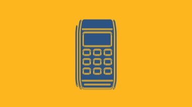 Mavi Pos terminal simgesi turuncu arkaplanda izole edildi. Ödeme terminali işlemi. Kartla öde. 4K Video hareketli grafik canlandırması.
