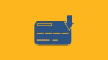 Blue Credit card icon isolated on orange background. Online payment. Cash withdrawal. Financial operations. Shopping sign. 4K Video motion graphic animation.