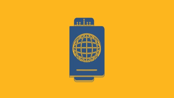 Blauw Paspoort Met Ticket Pictogram Geïsoleerd Oranje Achtergrond Identificatiedocument Concept — Stockvideo
