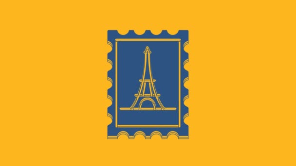 Blue Postal Stamp Eiffel Tower Icon Isolated Orange Background Video — Stock Video