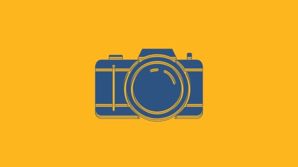 Синий Значок Фотокамеры Оранжевом Фоне Значок Фотокамеры Видеографическая Анимация — стоковое видео
