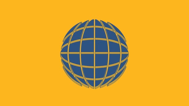 オレンジ色の背景に隔離された青い地球の地球のアイコン 世界や地球の標識 世界的なインターネットシンボル 幾何学的形状 4Kビデオモーショングラフィックアニメーション — ストック動画
