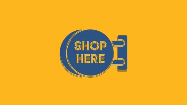 Modrá Tabule Visí Nápisem Shop Zde Ikona Izolované Oranžovém Pozadí — Stock video