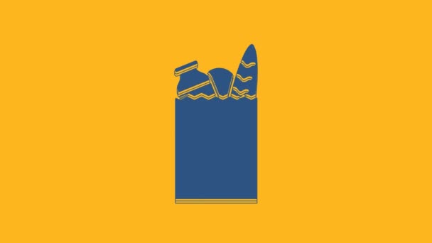 Синій Пакет Паперу Харчова Ікона Ізольовані Помаранчевому Тлі Їдальня Супермаркет — стокове відео