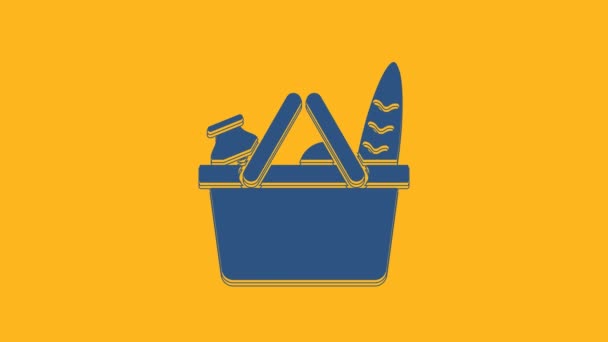 Blue Shopping Basket Food Icon Isolated Orange Background Food Store — Wideo stockowe