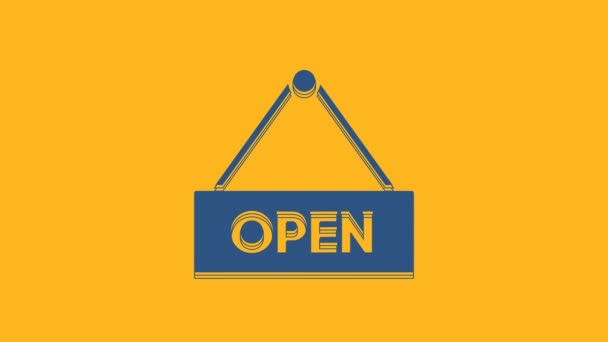 Blue Hanging Sign Text Open Door Icon Isolated Orange Background — Video Stock
