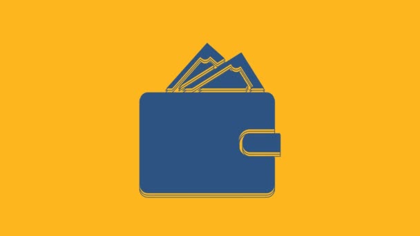 Blue Wallet Stacks Paper Money Cash Icon Isolated Orange Background — Stock Video