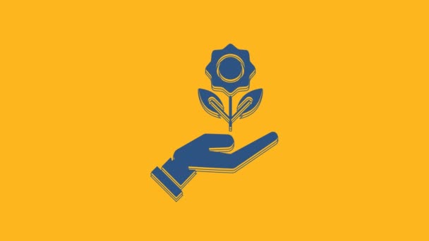 蓝色的手拿着花的图标孤立在橙色的背景上 种子和幼苗 种植树苗 生态概念 4K视频运动图形动画 — 图库视频影像