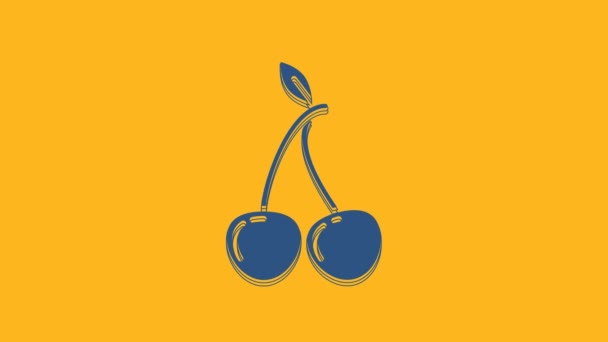 Ikona Modrá Třešeň Izolovaná Oranžovém Pozadí Ovoce Symbolem Listu Grafická — Stock video