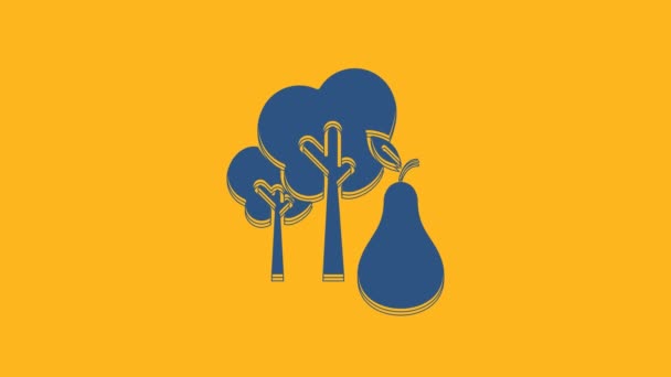 蓝树与梨图标孤立在橙色背景 农业植物 有机农产品 园艺主题 4K视频运动图形动画 — 图库视频影像