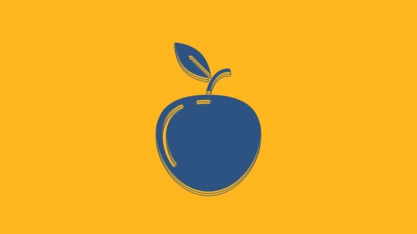 Blaues Apple Symbol Isoliert Auf Orangefarbenem Hintergrund Obst Mit Blattsymbol — Stockvideo