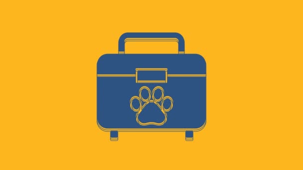 蓝色宠物急救箱图标孤立在橙色背景 狗爪或猫爪印 诊所的盒子4K视频运动图形动画 — 图库视频影像