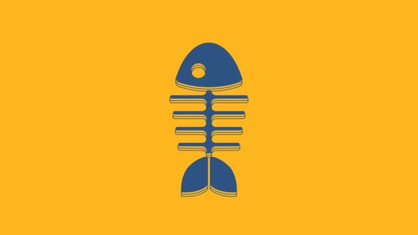 蓝色的鱼骨骼图标孤立在橙色的背景 鱼骨头的标志 4K视频运动图形动画 — 图库视频影像