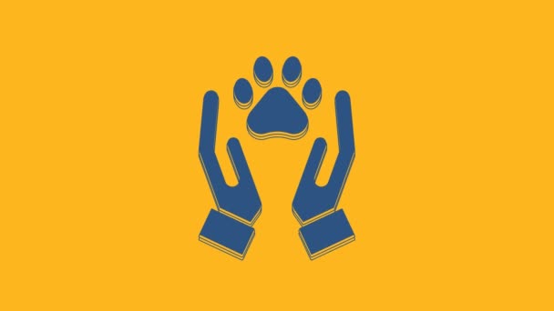 Mãos Azuis Com Ícone Pegada Animais Isolado Fundo Laranja Pata — Vídeo de Stock