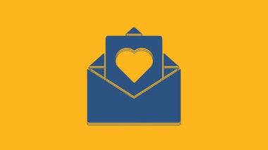 Blue Envelope with Valentine heart icon isolated on orange background. Message love. Letter love and romance. 4K Video motion graphic animation.