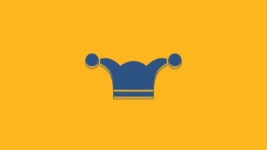Blue Jester hat with bells isolated on orange background. Clown icon. Amusement park funnyman sign. 4K Video motion graphic animation.