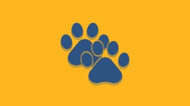 Blue Paw print icon isolated on orange background. Dog or cat paw print. Animal track. 4K Video motion graphic animation.