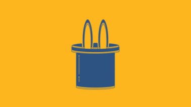 Blue Magician hat and rabbit ears icon isolated on orange background. Magic trick. Mystery entertainment concept. 4K Video motion graphic animation.