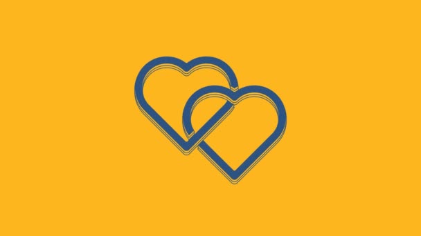 蓝色双联心脏图标孤立在橙色背景 浪漫的象征连在一起 连在一起 激情和婚礼 情人节的象征 4K视频运动图形动画 — 图库视频影像