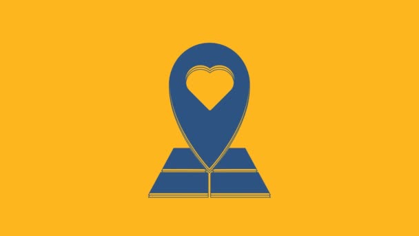 Blue Map Pointer Heart Icon Isolated Orange Background Valentines Day — Wideo stockowe