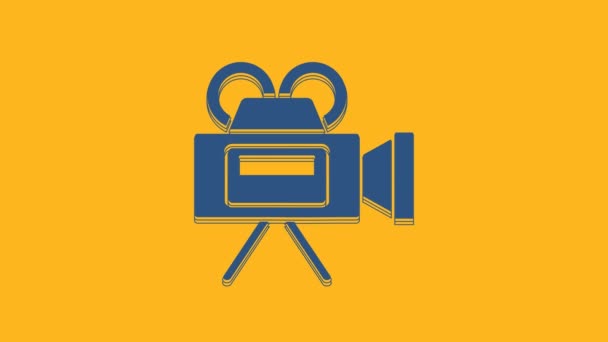 オレンジ色の背景に隔離されたブルーシネマカメラのアイコン ビデオカメラ 映画のサインだ フィルムプロジェクター 4Kビデオモーショングラフィックアニメーション — ストック動画
