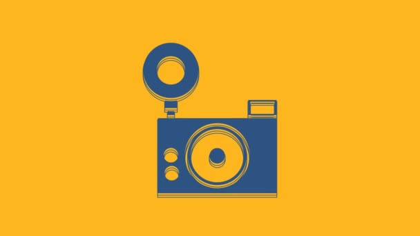 Icono Cámara Fotográfica Azul Aislado Sobre Fondo Naranja Icono Cámara — Vídeos de Stock