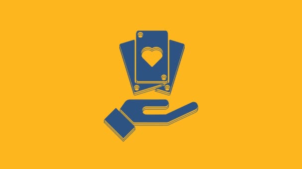Blue Hand Holding Playing Cards Icon Isolated Orange Background Casino — Wideo stockowe