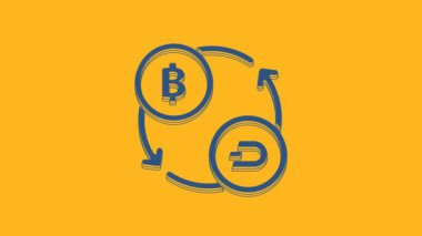 Mavi Kripto döviz simgesi turuncu arka planda izole edildi. Bitcoin 'den Dash takas simgesine. Kripto para teknolojisi, mobil bankacılık. 4K Video hareketli grafik canlandırması.
