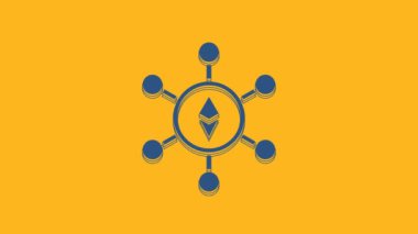 Mavi engelleme teknolojisi Ethereum ETH simgesi turuncu arka planda izole edildi. Soyut geometrik blok zincir ağ teknolojisi işi. 4K Video hareketli grafik canlandırması.