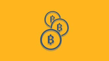 Blue Cryptocurrency coin Bitcoin icon isolated on orange background. Physical bit coin. Blockchain based secure crypto currency. 4K Video motion graphic animation.