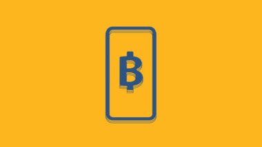 Mavi telefon ve kripto para birimi simgesi Bitcoin turuncu arka planda izole edildi. Madeni para. Engelleme zinciri tabanlı şifreli para birimi. 4K Video hareketli grafik canlandırması.